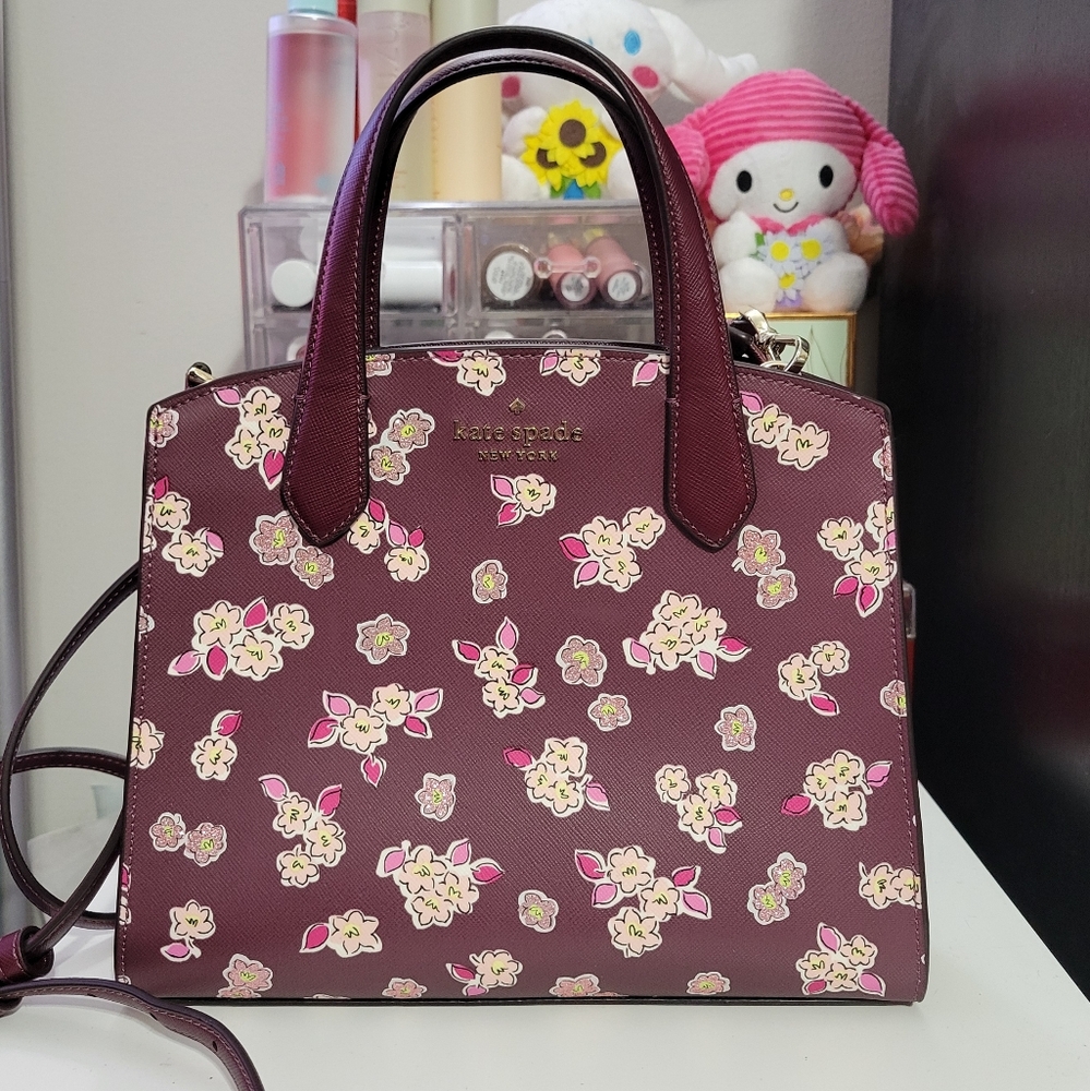 Kate Spade Floral Burgundy Handbag Tote, Crossbody New